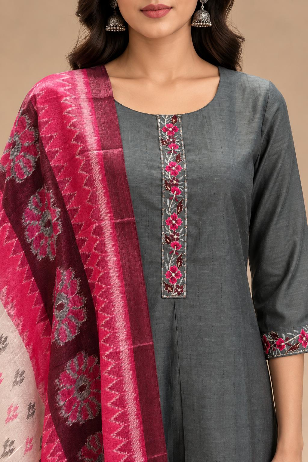 Charcoal Grey Straight Kurta Pant Set with Pink Printed Dupatta