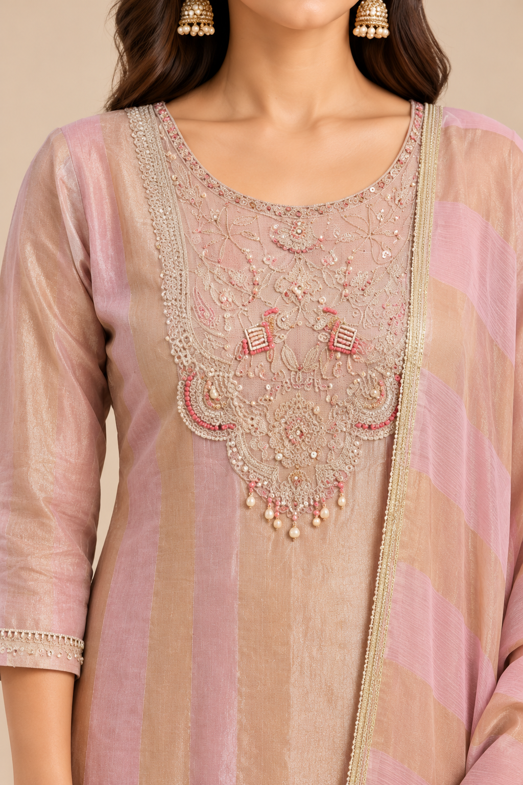 Blush Pink Embroidered Kurta Pant Set with Striped Dupatta