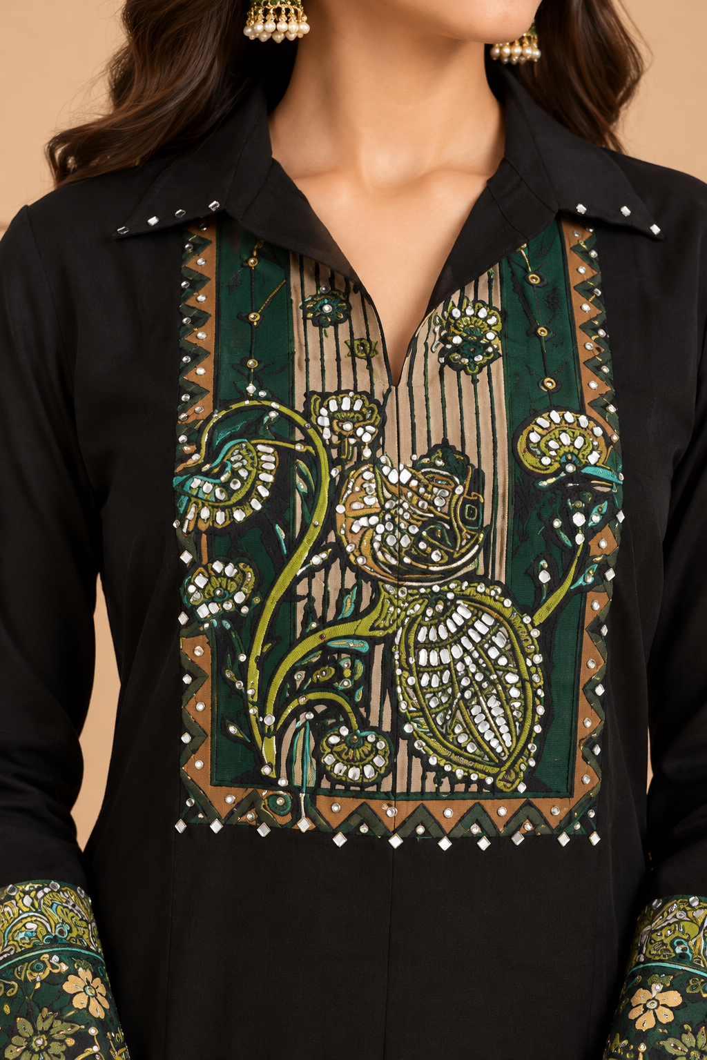 Black Printed Kurta Set with Multicolour Floral Palazzo Pants