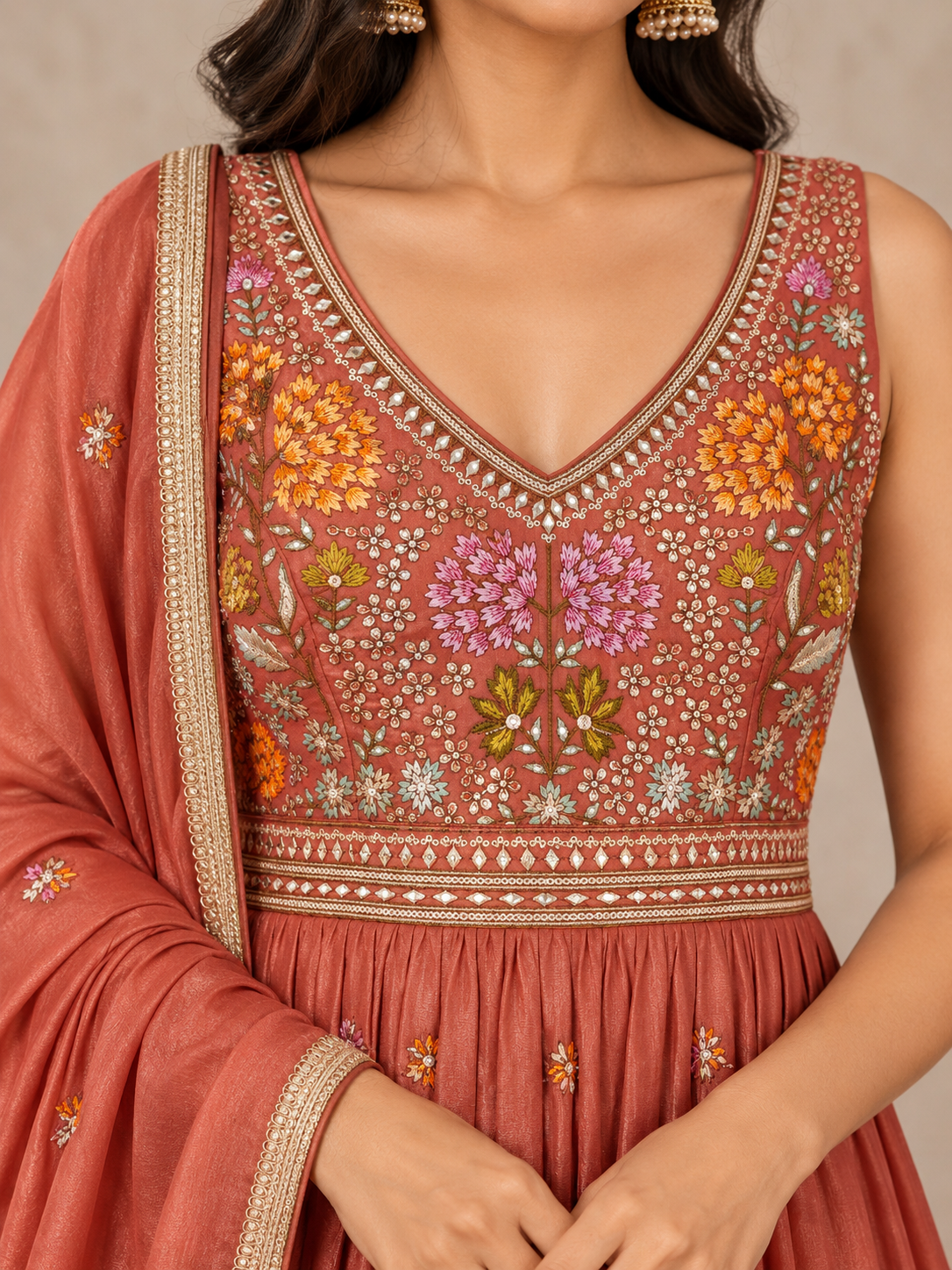 Terracotta Embroidered Silk Anarkali Set