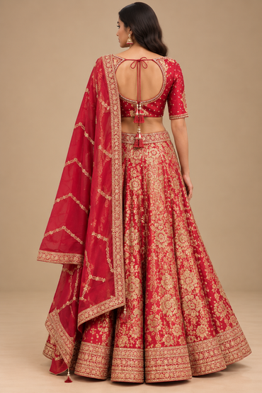 Ruby Red & Gold Floral Embroidered Lehenga Set with Dupatta