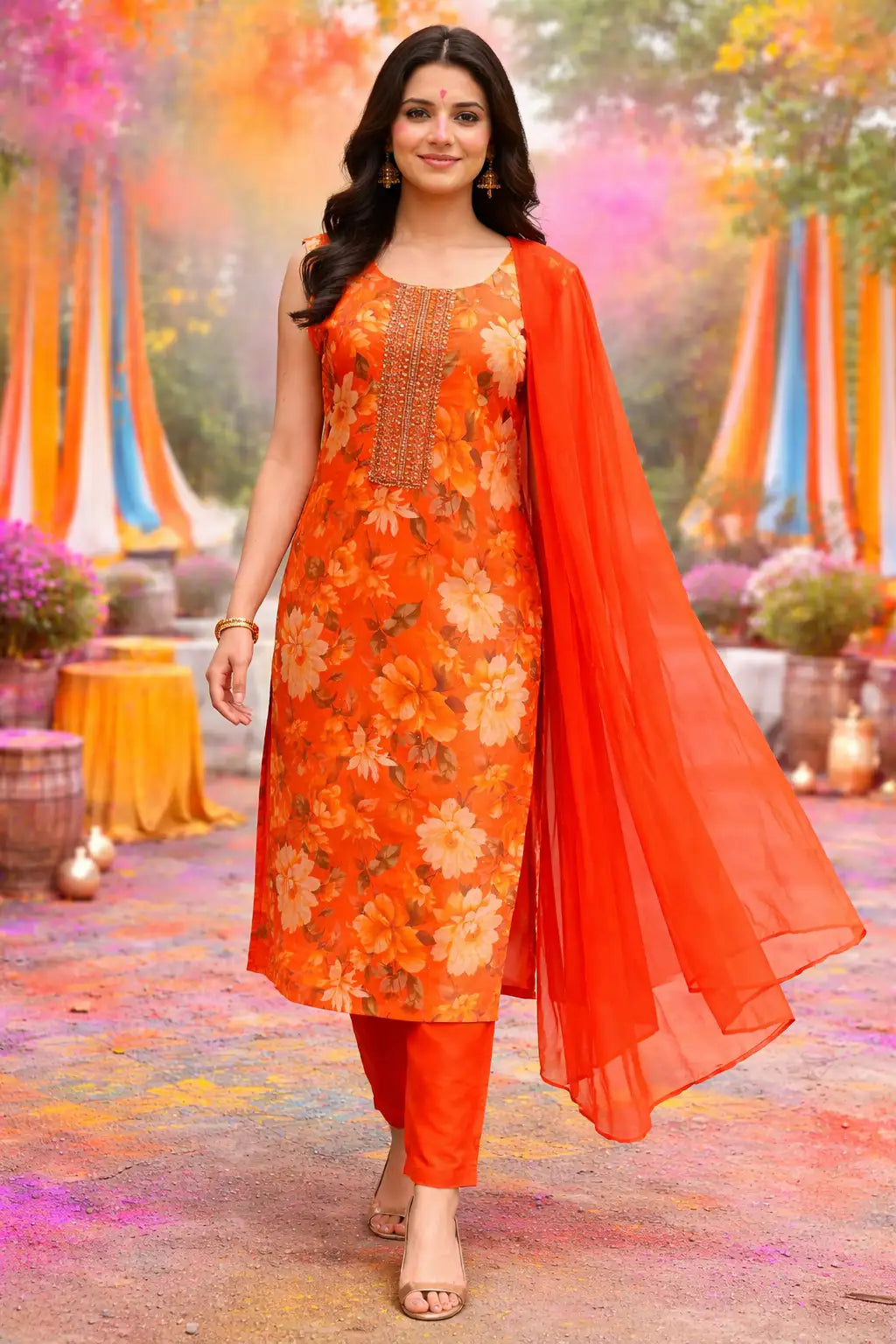Bright Orange Floral Kurta Set with Dupatta