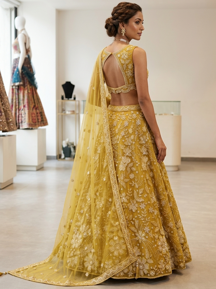 Mustard Yellow Embroidered Net Lehenga Set with Dupatta