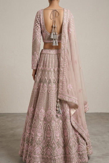 Blush Pink Embroidered Net Lehenga Set with Dupatta