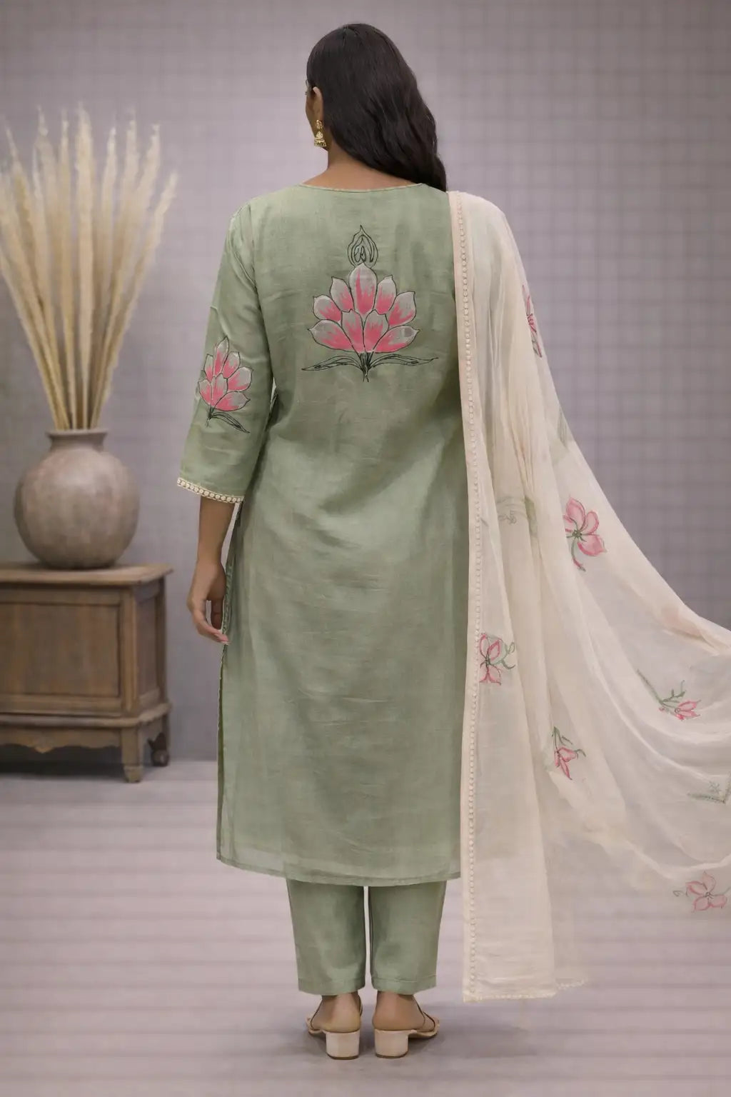 Pastel Green Chanderi Silk Hand-Printed Suit Set with Dupatta