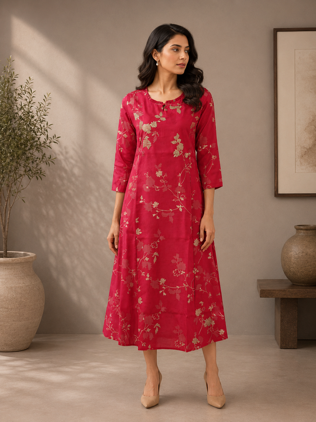Pink Muslin Silk Floral Printed A-Line Dress for Women