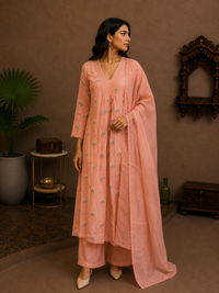 Peach Blush Muslin Silk Embroidered Suit Set