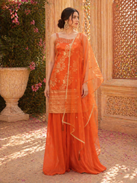 Vibrant Orange Tissue Silk Kurta Set with Palazzo & Dupatta | Festive & Wedding Wear
