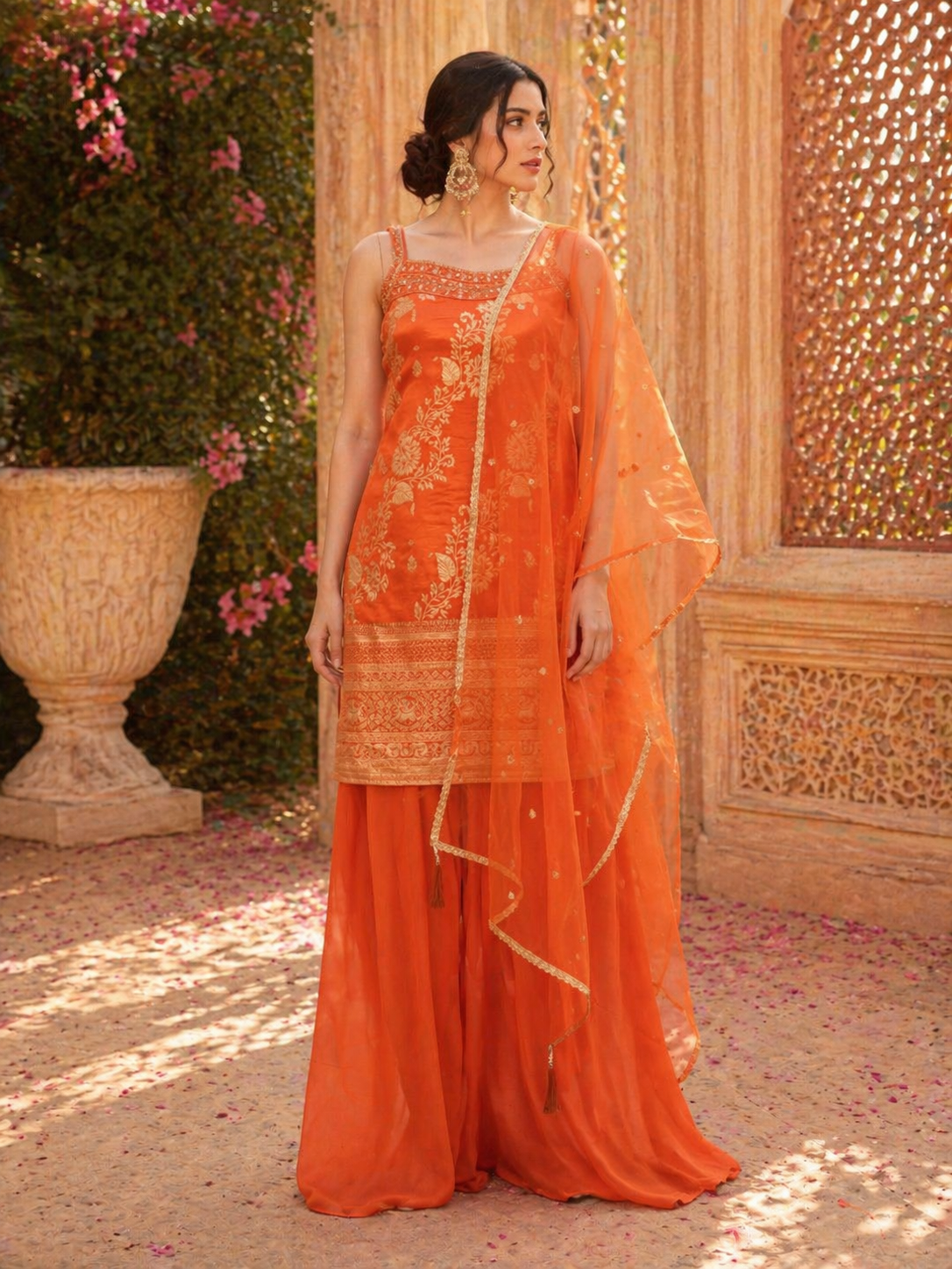 Vibrant Orange Tissue Silk Kurta Set with Palazzo & Dupatta | Festive & Wedding Wear