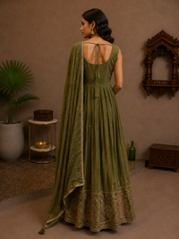 Olive Green Embroidered Silk Anarkali Set