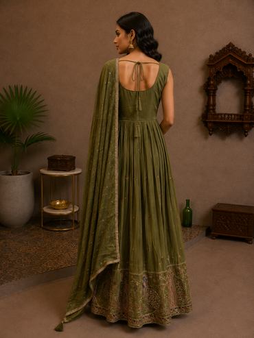 Olive Green Embroidered Silk Anarkali Set
