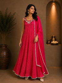 Pink Chiffon Designer Anarkali Suit with Mirror Work Dupatta