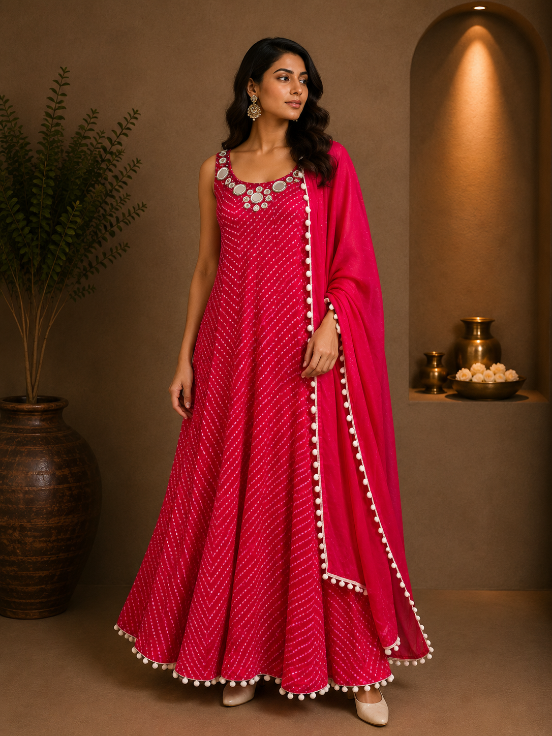 Pink Chiffon Designer Anarkali Suit with Mirror Work Dupatta