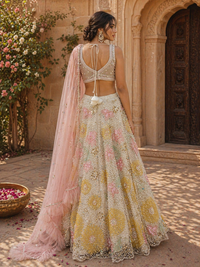 Pastel Floral Silk Lehenga Set with Embellished Blouse & Net Dupatta | Designer Bridal Wear