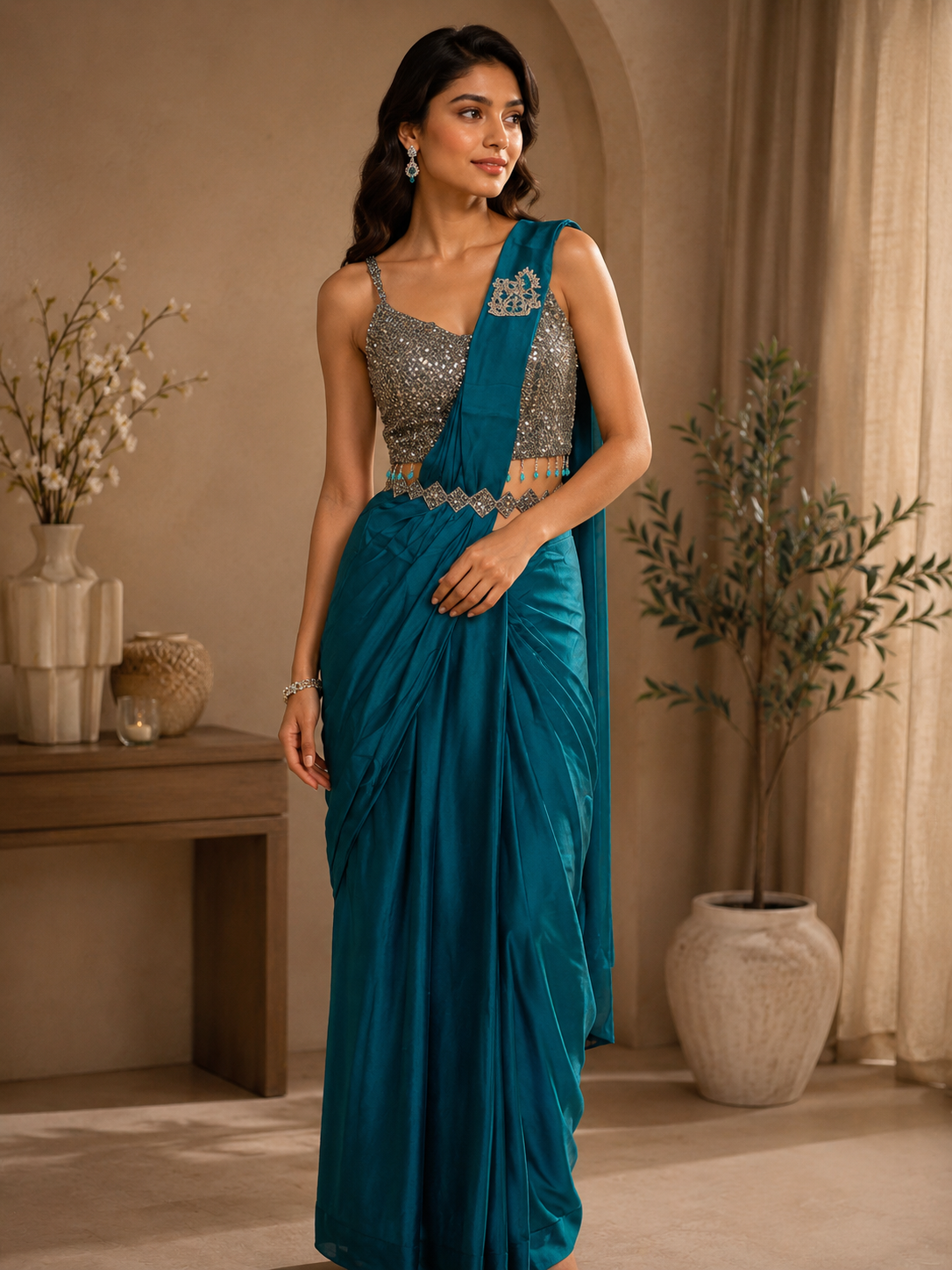 Teal Blue Designer Silk Saree with Sequined Blouse