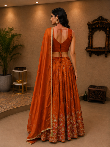Burnt Orange Embroidered Silk Lehenga Set