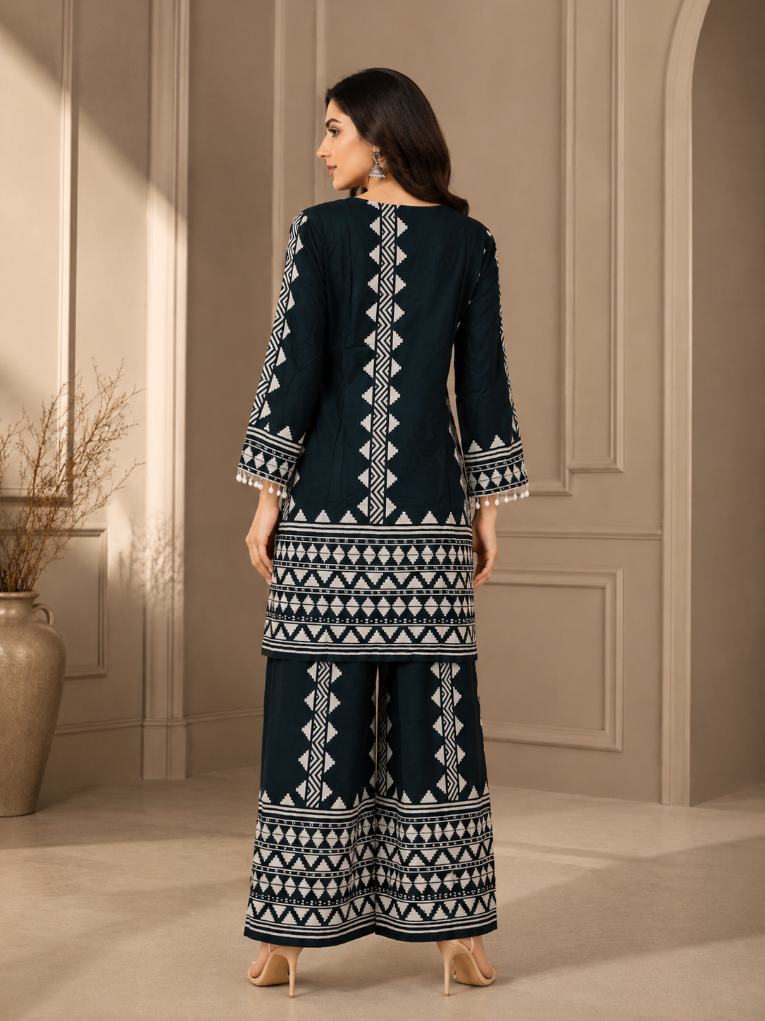 Teal Green Tribal Printed Rayon Kurta Set with Palazzo Pants