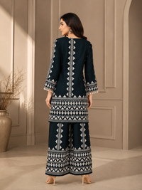 Teal Green Tribal Printed Rayon Kurta Set with Palazzo Pants
