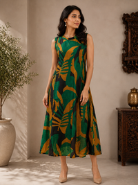 Emerald Green Muslin Silk Leaf Printed A-Line Dress for Women