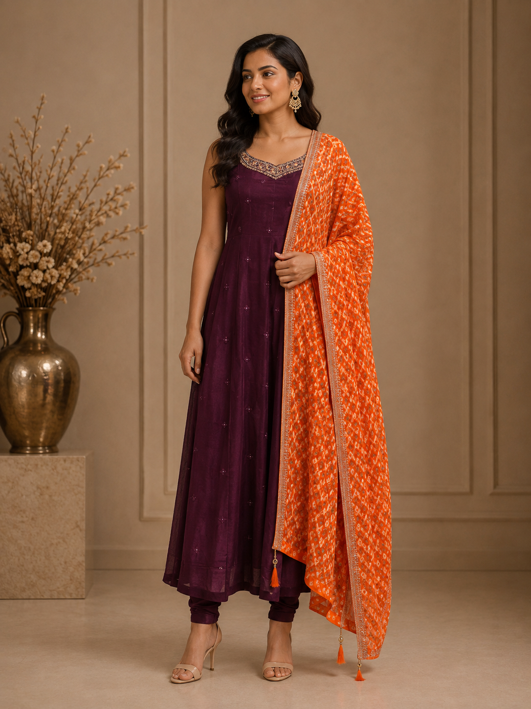 Wine Purple Vichitra Silk Anarkali Suit Set with Orange Bandhani Dupatta