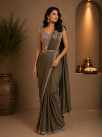 Olive Green Lycra Designer Saree with Heavy Embroidered Blouse
