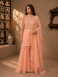 Peach Tissue Embroidered Sleeveless Kurta Set with Palazzo & Dupatta