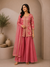 Elegant Pink Brocade Silk Straight Suit Set with Embroidered Dupatta