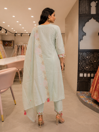 Pastel Mint Mul Chanderi Floral Embroidered Kurta Set