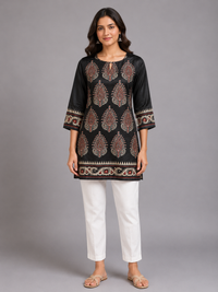 Black Paisley Print Silk Short Kurta