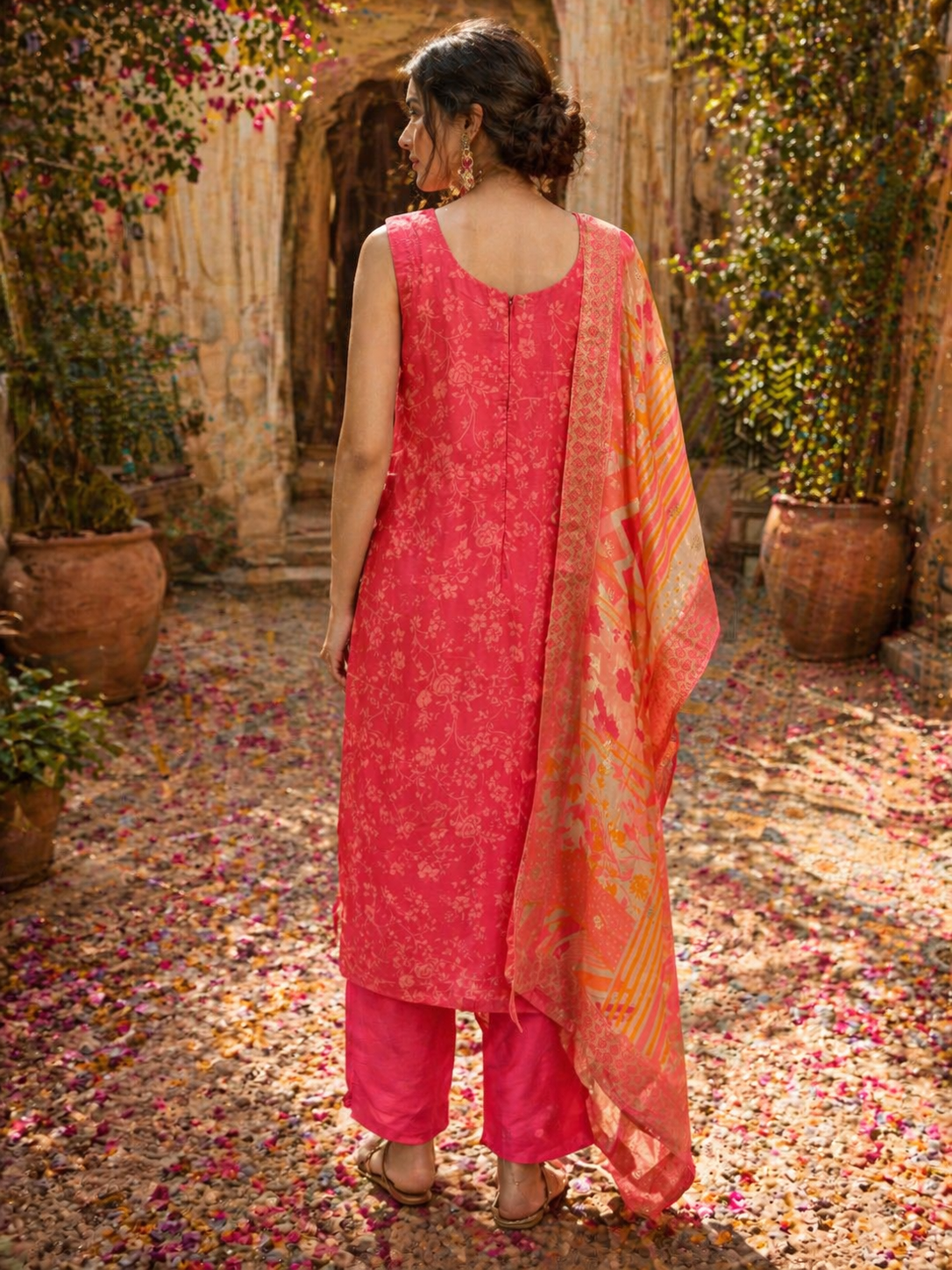 Coral Pink Silk Straight Suit Set with Gold Woven Detailing & Dupatta