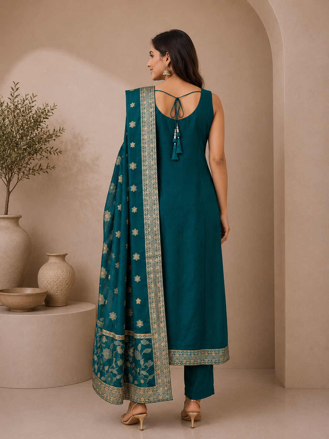 Teal Green Silk Embroidered Suit Set with Floral Dupatta