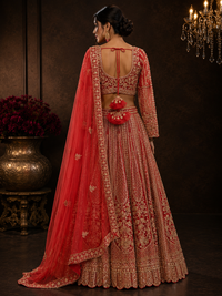 Royal Red Silk Designer Lehenga Choli with Heavy Golden Zari Embroidery & Net Dupatta