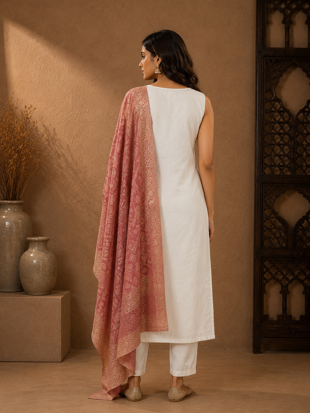 Ivory White Vichitra Silk Kurta Set with Pink Woven Dupatta