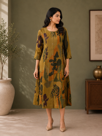 Olive Green Muslin Silk Abstract Printed A-Line Dress for Women