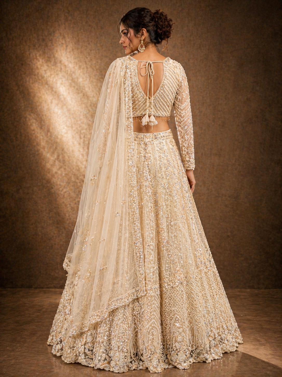 Women's Champagne Beige Embroidered Net Lehenga Choli with Dupatta