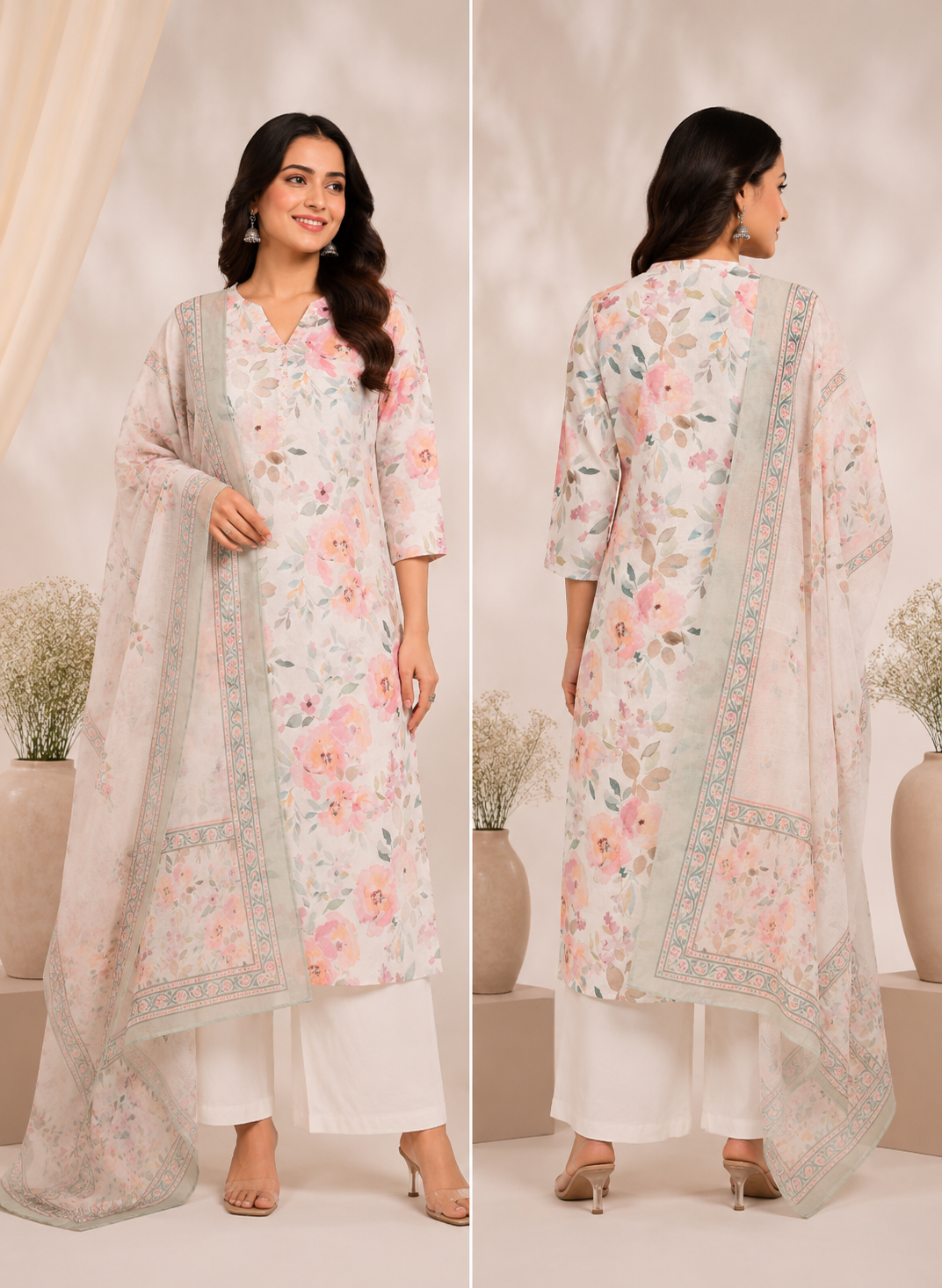 Pastel Floral Printed Cotton Kurta Set with Dupatta