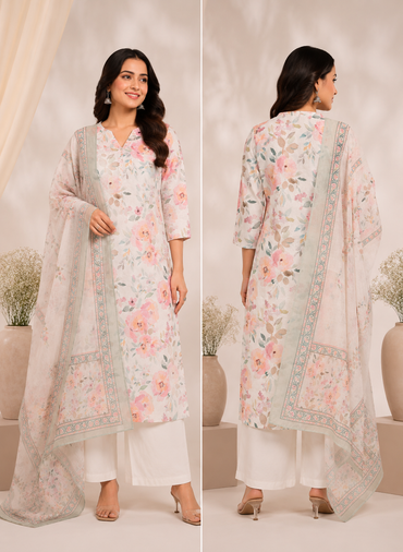 Pastel Floral Printed Cotton Kurta Set with Dupatta