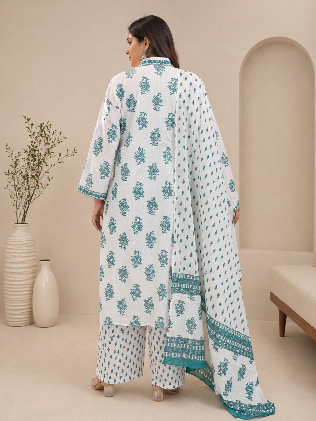 Women's Off-White & Teal Printed Cotton Kurta Pant Set with Dupatta
