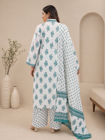 Women's Off-White & Teal Printed Cotton Kurta Pant Set with Dupatta