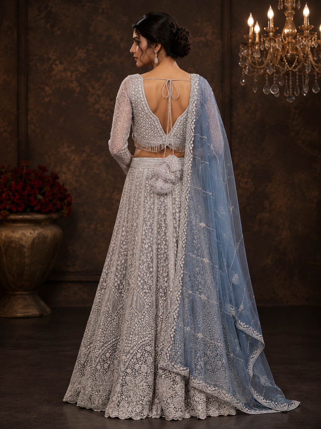 Grey Silk Designer Lehenga Choli with Heavy Embroidery & Net Dupatta