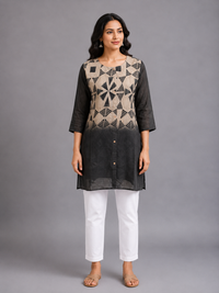 Black & Beige Geometric Print Silk Long Top
