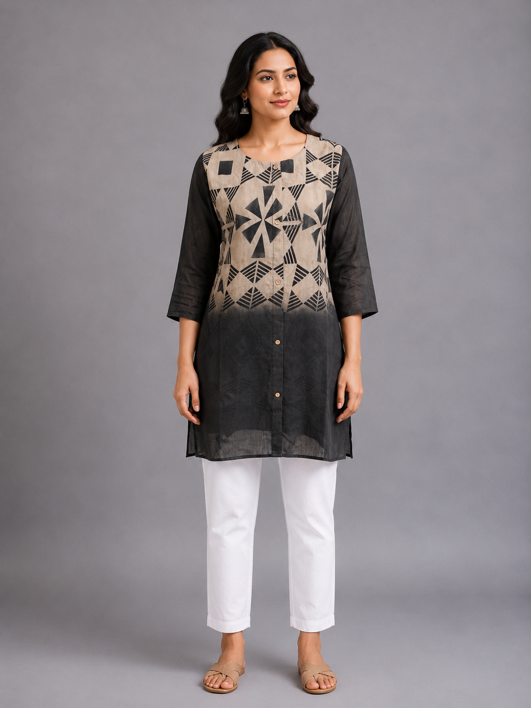 Black & Beige Geometric Print Silk Long Top