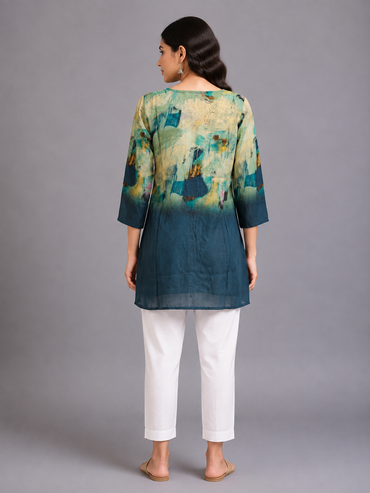 Teal Blue Abstract Print Silk Long Top