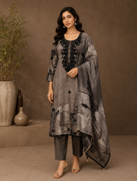 Premium Muslin Silk Floral Printed Straight Suit Set with Embroidered Dupatta – Charcoal Grey