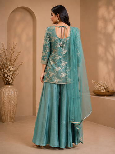 Aqua Blue Brocade Silk Sharara Suit Set with Embroidered Dupatta