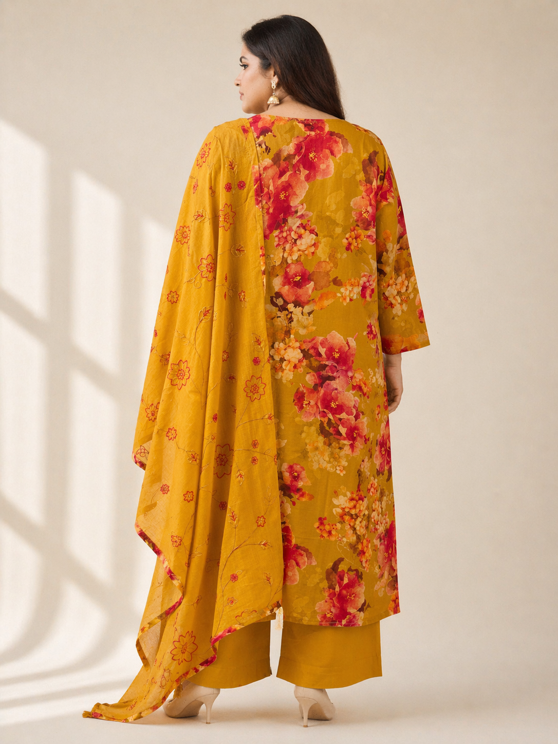 Women's Mustard Yellow Floral Printed Cotton Kurta Pant Set with Dupatta