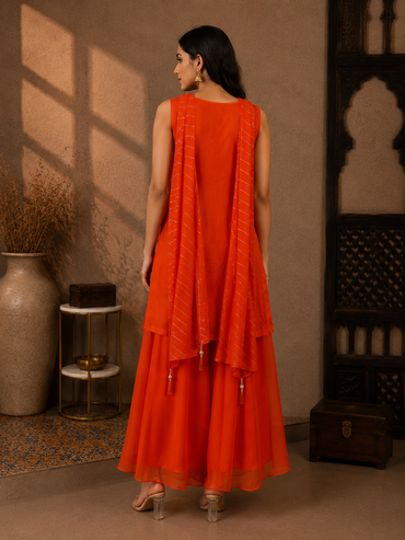 Premium Silk Kurta Set with Flared Palazzo & Organza Dupatta – Tangerine Orange