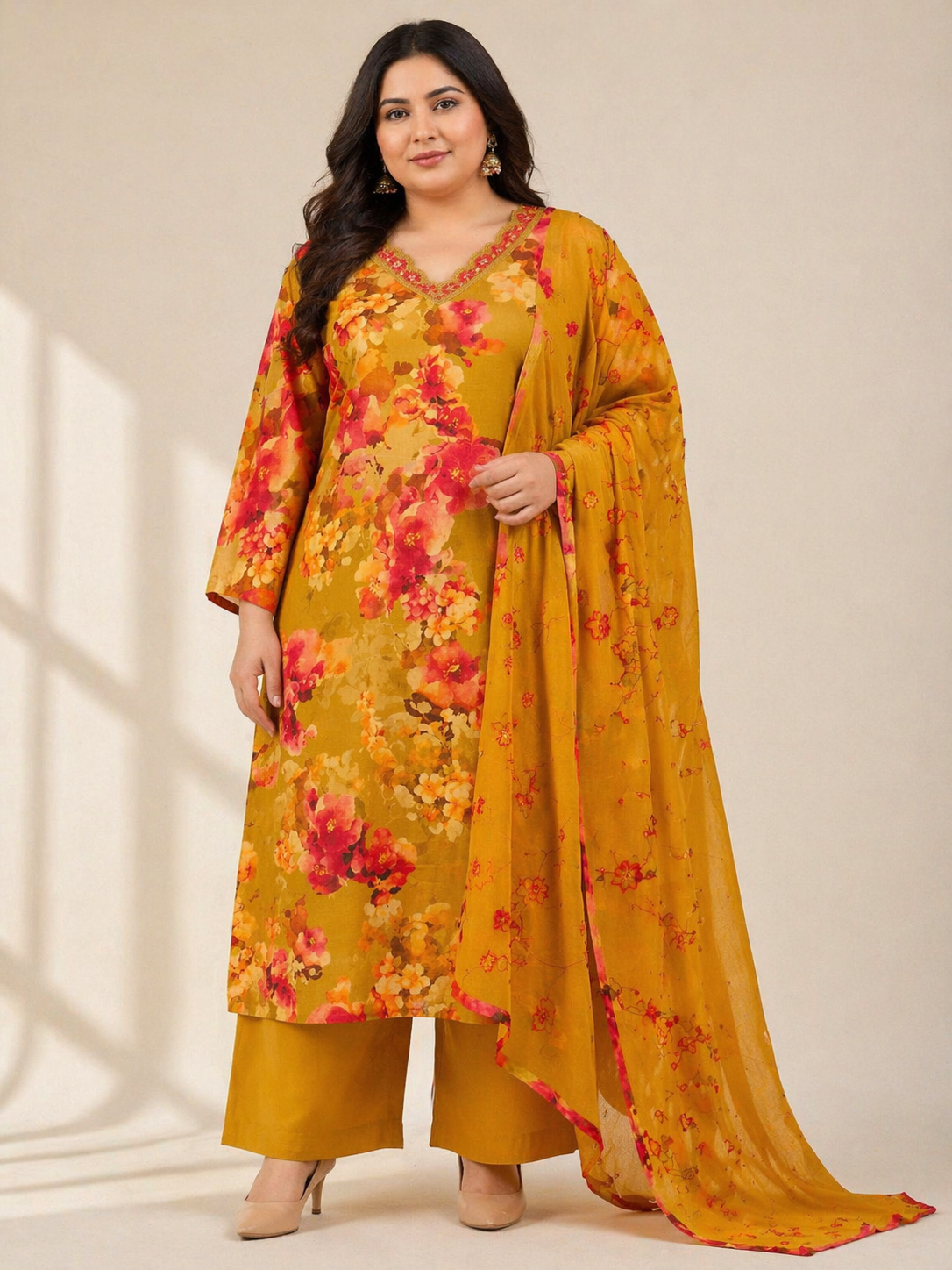 Women's Mustard Yellow Floral Printed Cotton Kurta Pant Set with Dupatta