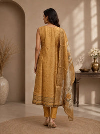 Mustard Beige Floral Printed Straight Suit Set with Dupatta