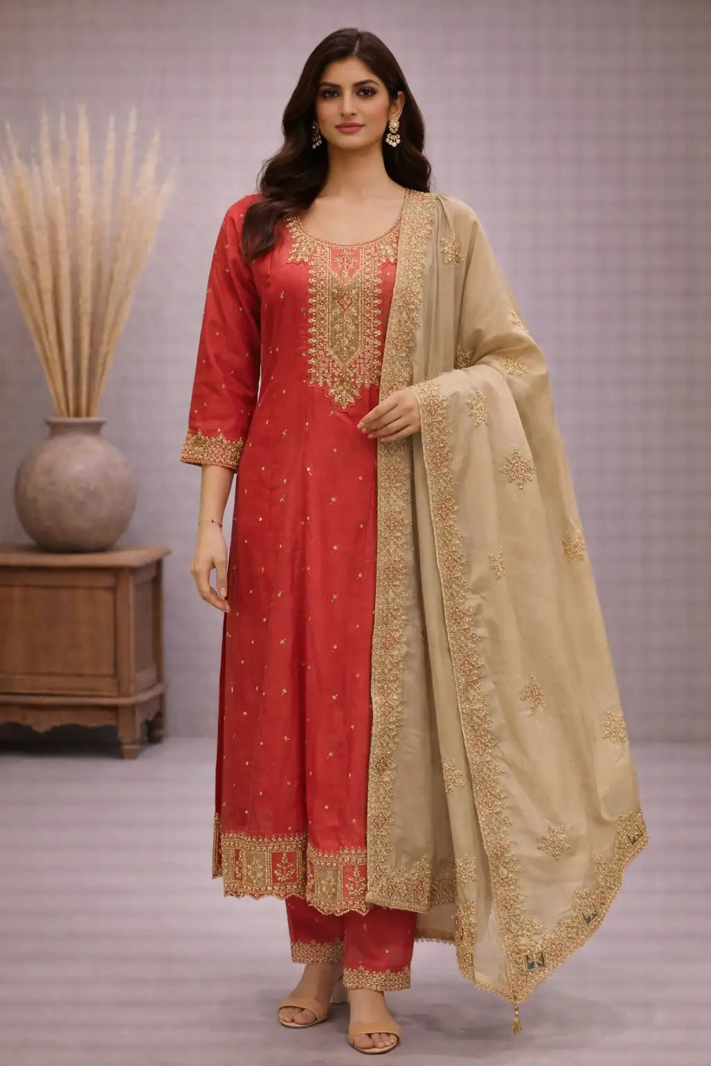 Red Silk Embroidered Festive Salwar Suit with Zari Dupatta